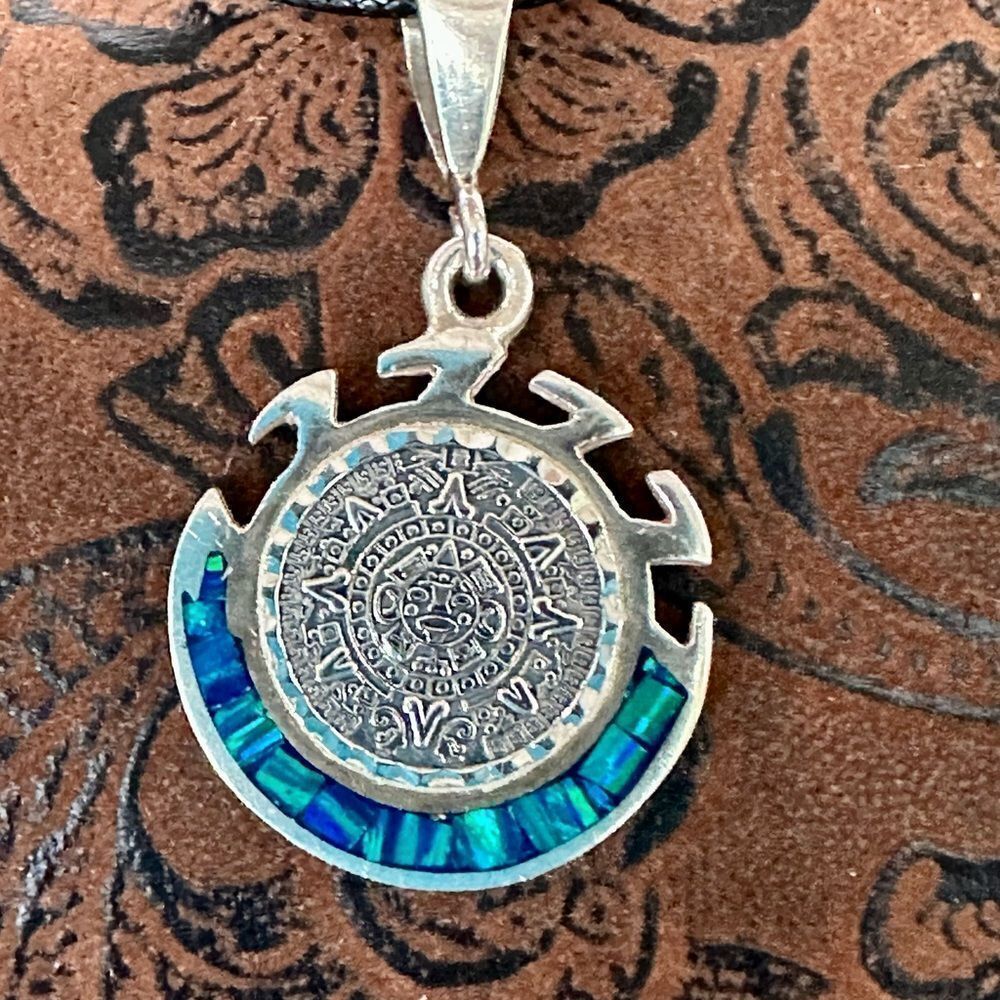 Silver Aztec Sun Pendant Necklace with Blue-Green Inlay